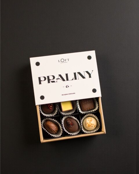Praliny ręcznie robione 6 sztuk w eleganckim pudełku z papieru z recyklingu, zestaw premium Loft Kulinarny