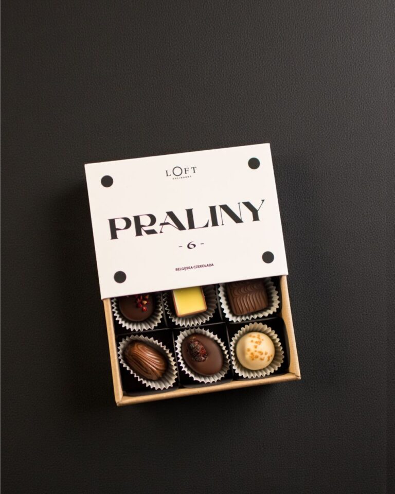Praliny ręcznie robione 6 sztuk w eleganckim pudełku z papieru z recyklingu, zestaw premium Loft Kulinarny