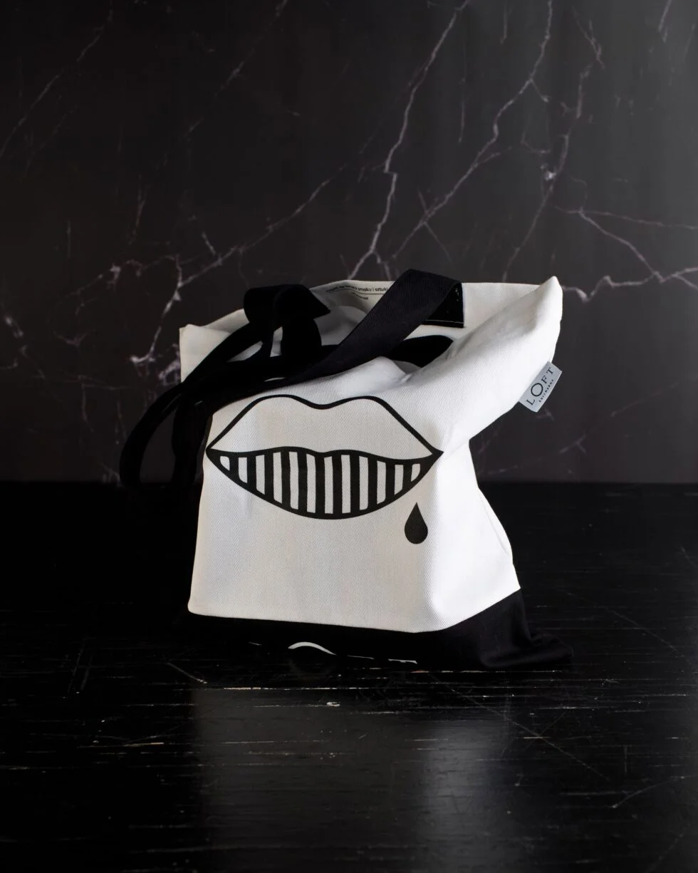 Torba bawełniana „Usta” 38 x 41 cm - czarno-biała, gruba bawełna, długie uszy
