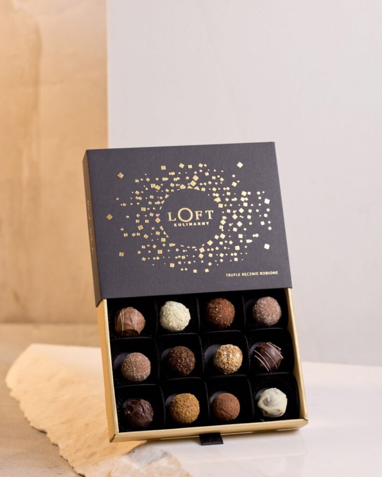 Trufle świąteczne 12 sztuk w eleganckim złotym pudełku prezentowym, rzemieślnicze trufle z belgijskiej czekolady