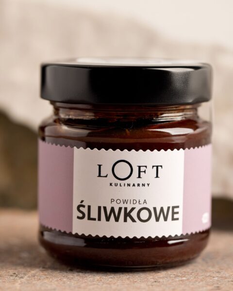 Powidła śliwkowe w szklanym słoiku, gęsty przetwór z polskich śliwek