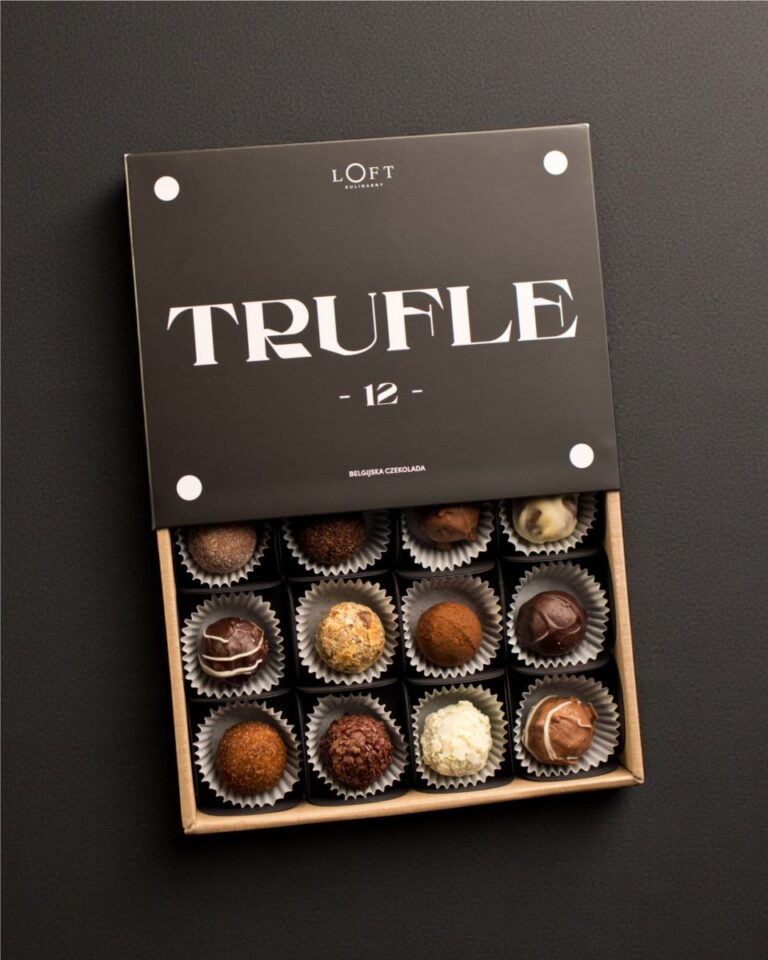 Trufle ręcznie robione 12 sztuk w eleganckim pudełku z papieru z recyklingu, zestaw premium Loft Kulinarny