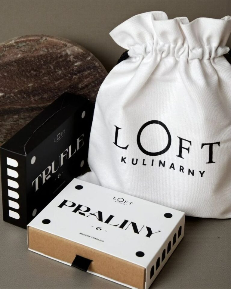 Zestaw prezentowy trufle i praliny „Mały Skarb” w bawełnianym woreczku z logo Loft Kulinarny