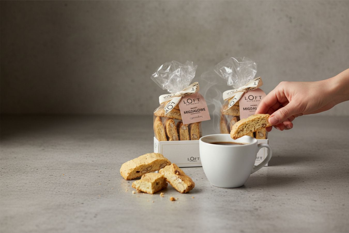 Biscotti migdałowe Loft Kulinarny z kawą – dwie paczki ciastek na betonowym tle, dłoń podaje kromkę