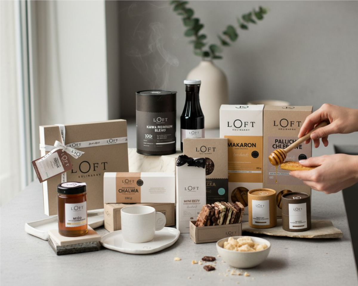 Delikatesy rzemieślnicze - zestaw produktów kraftowych premium na stole