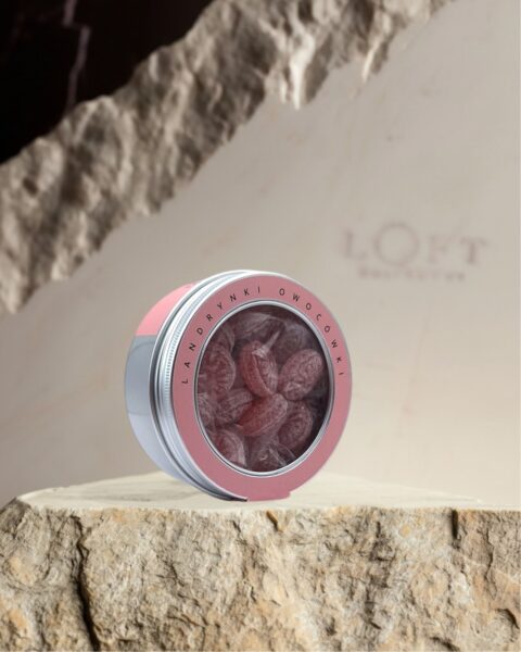 Landrynki owocowe - melatowa puszka na loftowym tle