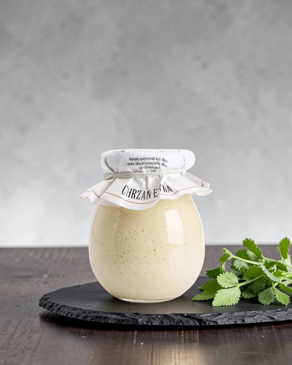 Chrzan extra Stara Wędzarnia - na&nbsp;czarnym kamiennym talerzu, drewniany stol, szare cementowe tlo, zielone ziola