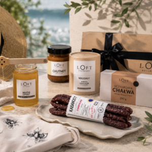 Elegancki prezent dla gospodarzy, delikatesy premium, miód, słodycze, chutney i sztuka użytkowa.