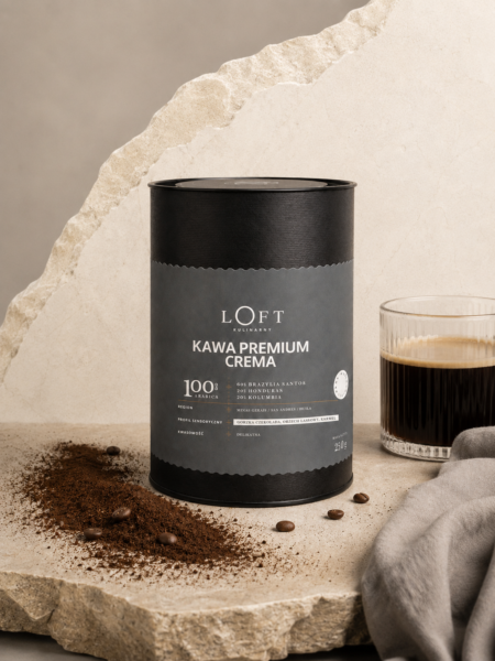 kawa mielona Premium Crema w puszce i opakowaniu na loftowym tle