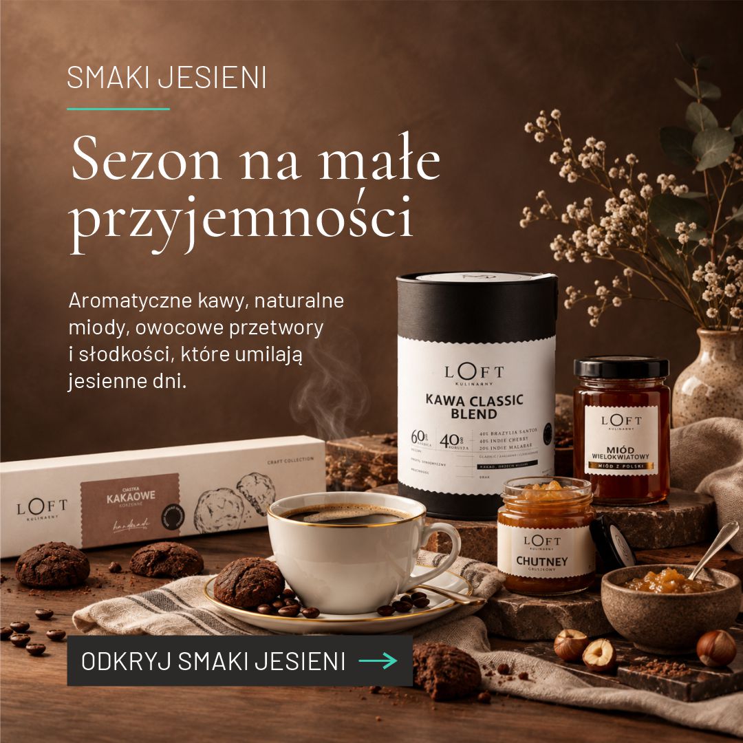 Smaki jesieni Loft Kulinarny – aromatyczna kawa, rzemieślnicze słodkości i&nbsp;przetwory w&nbsp;eleganckiej jesiennej aranżacji.