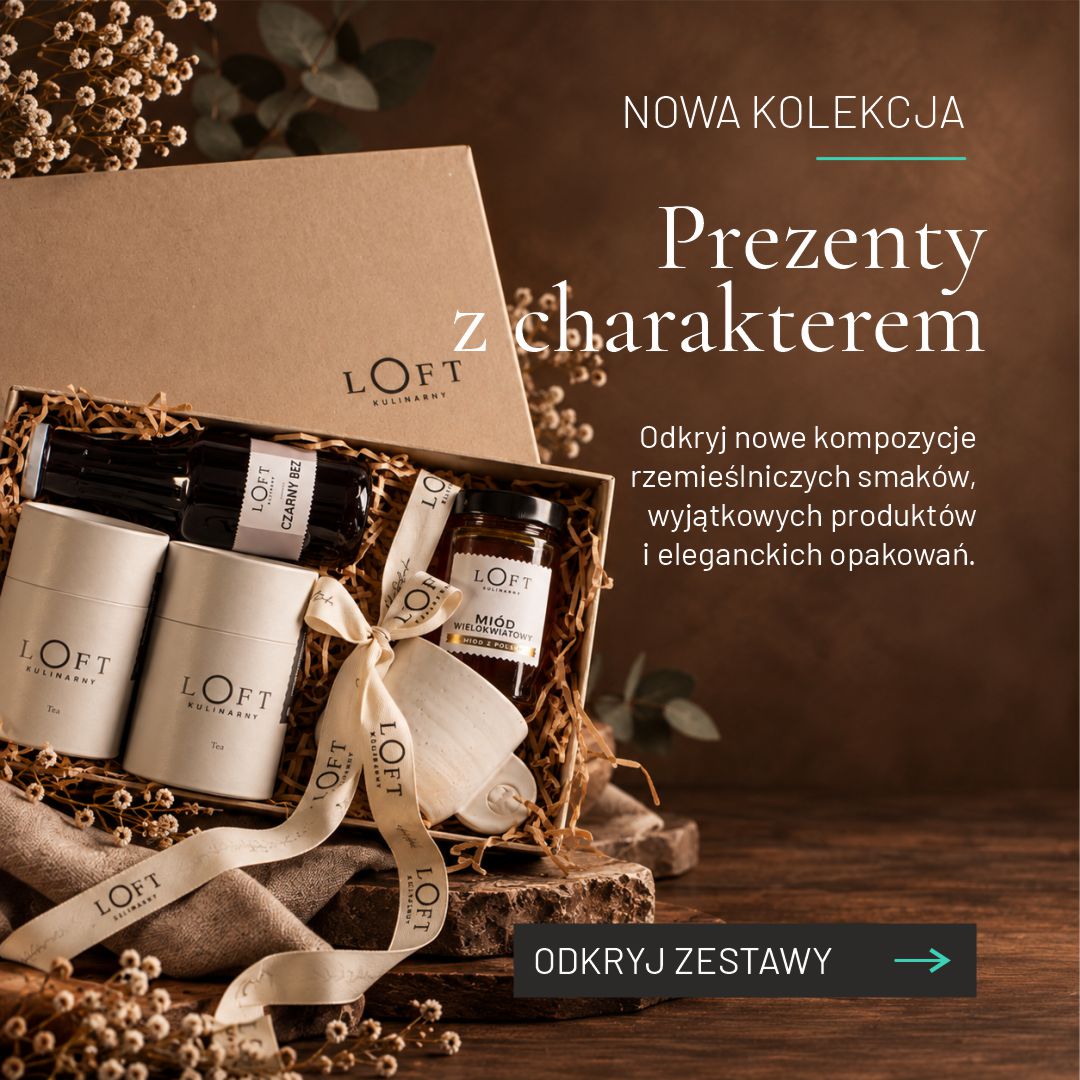 Elegancki zestaw prezentowy Loft Kulinarny z&nbsp;rzemieślniczymi słodyczami i&nbsp;nalewką w&nbsp;ozdobnym pudełku – nowa kolekcja prezentów.