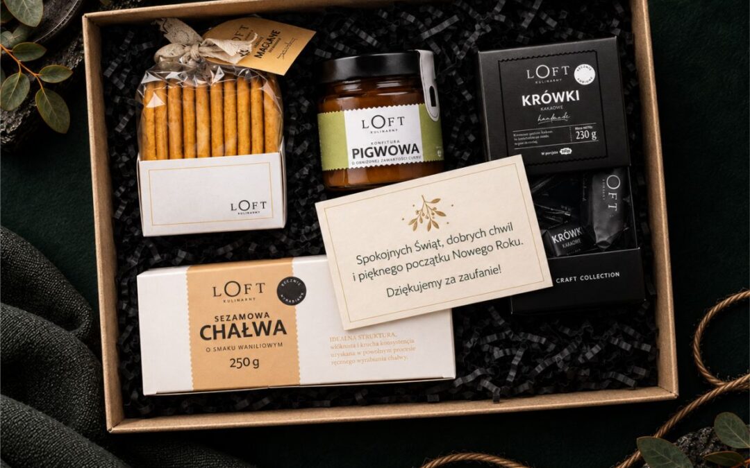 życzenia świąteczne dla klientów biznesowych- Kartka z życzeniami świątecznymi do eleganckiego prezentu firmowego Loft Kulinarny